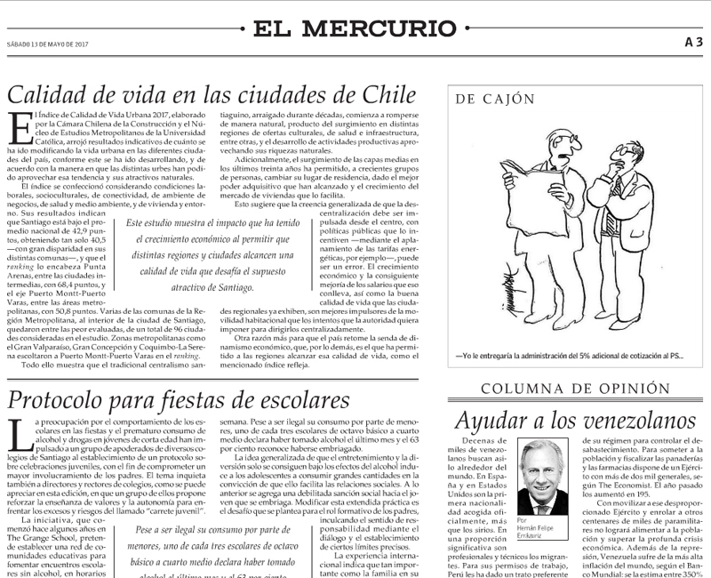 El Mercurio publica editorial Calidad de Vida en las Ciudades de Chile